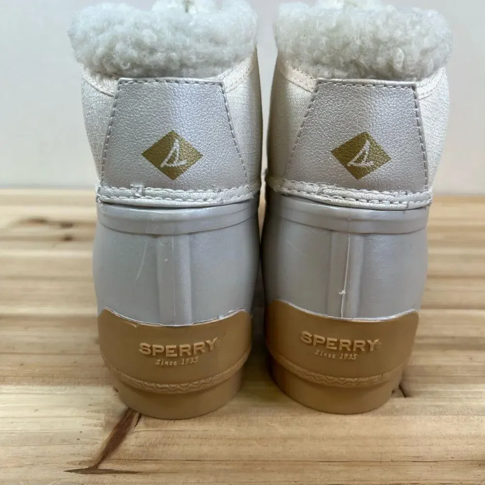 Sperry Cozy Duck boots winter rain waterproof silver tan Womens 6 Mens 5 NEW